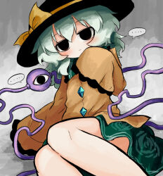  ... black_eyes black_hat commentary_request female green_skirt hand_up hat hat_ribbon heripantomorrow komeiji_koishi long_sleeves looking_at_viewer miniskirt ribbon shirt skirt sleeves_past_fingers sleeves_past_wrists solo spoken_ellipsis third_eye touhou yellow_ribbon yellow_shirt 