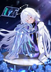  absurdres barefoot chinese_commentary closed_mouth colored_eyelashes commentary_request dress earrings feet female grey_hair hair_ornament halo highres holographic_interface jacket jewelry knees_up legs_together light_blush long_hair looking_at_viewer mornye_(wuthering_waves) purple_dress red_eyes sdftehn see-through_body sitting solo tacet_mark_(wuthering_waves) toes triangle_earrings white_jacket wuthering_waves 