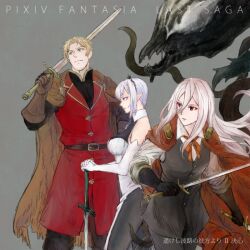  1boy 2girls belt black_gloves braid breasts brown_cape brown_gloves cape copyright_name elbow_gloves erena_(pixiv_fantasia_last_saga) ethan_the_exiled_hero facial_hair gloves grey_background hair_between_eyes holding holding_sword holding_weapon long_hair medium_breasts multiple_girls niggurath_the_ancient_tree_branch pixiv_fantasia pixiv_fantasia_last_saga pointy_ears red_cape short_hair small_breasts standing stubble sword toco2toho weapon white_gloves white_hair 