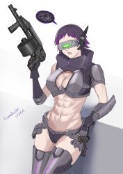  :< abs against_wall armor armsel_striker bikini bikini_armor black_bikini black_gloves black_hair black_sleeves boots breasts cleavage cleavage_cutout clenched_teeth clothing_cutout colored_tips commentary commission detached_sleeves english_commentary female girls'_frontline gloves green-tinted_eyewear grey_boots gun head-mounted_display high_collar highres holding holding_behind_back holding_gun holding_weapon holding_weapon_behind_back large_breasts leg_armor mechanical_legs multicolored_hair name_connection navel pauldrons purple_hair purple_lips robot_ears sangvis_ferri seilindekos short_hair shotgun shoulder_armor single_pauldron solo spoken_squiggle squiggle stomach striker_(girls'_frontline) swimsuit teeth thigh_boots tinted_eyewear toned toned_female variant_set very_short_hair weapon 