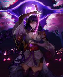  absurdres artist_name blurry braid breasts bridal_gauntlets cherry_blossoms cleavage clothing_cutout depth_of_field drawing_sword electro_symbol_(genshin_impact) falling_petals female genshin_impact glowing glowing_petals glowing_sword glowing_weapon highres holding holding_sword holding_weapon human_scabbard japanese_clothes katana kimono lingerie long_braid looking_at_viewer mitsudomoe_(shape) multicolored_hair musou_isshin_(genshin_impact) neck_ribbon night off_shoulder open_mouth outdoors petals pink_petals powering_up purple_kimono purple_sky purple_thighhighs raiden_shogun red_ribbon red_sash ribbon sash shade shaded_face shoulder_cutout single_braid sky solo standing streaked_hair sword sword_between_breasts thighhighs tomoe_(symbol) tree underwear upper_body vestatsk watermark weapon wide_sleeves 