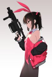  animal_ear_hairband animal_ears bamiko_(nanju_bami) bare_shoulders black_hair black_pantyhose black_sleeves bow bowtie breasts brown_eyes brown_hair closed_mouth commentary_request cowboy_shot detached_collar fake_animal_ears female from_side grenade_launcher hair_bobbles hair_ornament hairband hand_in_pocket highres holding holding_weapon jacket leotard letterman_jacket long_sleeves looking_ahead milkor_mgl multicolored_hair nanju_bami off_shoulder open_clothes open_jacket original pantyhose playboy_bunny profile rabbit_ear_hairband rabbit_ears red_bow red_bowtie red_jacket red_leotard simple_background small_breasts smile solo standing strapless strapless_leotard streaked_hair trigger_discipline two-tone_hair vertical_foregrip weapon white_background 