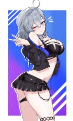 absurdres ahoge black_jacket black_skirt blue_eyes blue_nails blush braid breasts closed_mouth commentary english_commentary female grey_hair hair_between_eyes highres hikkio jacket miniskirt one_eye_closed open_clothes open_jacket original second-party_source skirt solo star_(symbol) thigh_strap v 