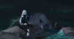  absurdres arknights arm_cuffs ascot bare_shoulders barefoot black_ascot black_chaps black_gloves black_pants black_shirt blood blurry blurry_foreground breasts chaps clothing_cutout commentary dated detached_sleeves english_commentary female frown full_body gloves grey_hair hair_between_eyes hat hckc8750 highres holding holding_unworn_clothes holding_unworn_hat long_hair low-tied_long_hair night no_shoes outdoors pants red_eyes shirt sitting skadi_(arknights) skadi_(elite_ii)_(arknights) solo tentacle thigh_cutout unworn_hat unworn_headwear very_long_hair water weapon 