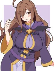  ahoge blush breasts brown_eyes brown_hair commentary cowboy_shot female hair_over_one_eye hand_up highres kono_subarashii_sekai_ni_shukufuku_wo! large_breasts leaning_forward long_hair long_sleeves looking_at_viewer noyama_takenoko purple_background purple_robe robe solo two-tone_background white_background wide_sleeves wiz_(konosuba) 