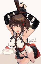  @_@ arms_up black_gloves black_skirt bondage brown_eyes brown_hair buttons cake cake_slice double-breasted elbow_gloves female food fuwafuwatoufu gloves hashtag-only_commentary highres kantai_collection one-hour_drawing_challenge red_shirt rope sailor_collar sendai_(kancolle) sendai_kai_ni_(kancolle) shibari_over_clothes shirt short_hair simple_background skirt sleeveless sleeveless_shirt solo twitter_username two_side_up upper_body white_background white_sailor_collar 