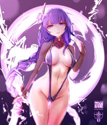 absurdres alternate_costume artist_name bikini blunt_bangs braid breasts bridal_gauntlets commentary electricity english_commentary eyeliner female genshin_impact glowing glowing_hair glowing_sword glowing_weapon gradient_hair hair_ornament highres holding holding_sword holding_weapon japanese_clothes jasonchin96 katana kimono large_breasts long_braid makeup mole mole_under_eye multicolored_hair musou_isshin_(genshin_impact) navel parted_lips purple_background purple_eyes purple_hair raiden_shogun red_eyeliner single_braid solo stomach streaked_hair string_bikini swimsuit sword thighhighs upper_body weapon 