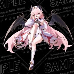  ankle_boots black_background black_horns black_wings boots breasts chinese_commentary cleavage cleavage_cutout clothing_cutout commentary_request commission dress female full_body hair_between_eyes hand_up hat high_heel_boots high_heels highres horns legs long_hair looking_at_viewer majo_(pastamajo) open_mouth original pink_eyes pink_hair pointy_ears puffy_sleeves sample_watermark single_sock socks solo teeth thigh_strap thighs too_many_watermarks upper_teeth_only watermark white_dress white_hat white_socks wings 