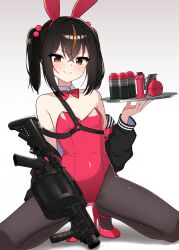  40mm_grenade animal_ear_hairband animal_ears bamiko_(nanju_bami) bare_shoulders black_hair black_pantyhose black_sleeves bobbles bow bowtie breasts brown_eyes brown_hair closed_mouth commentary_request crossed_bangs detached_collar explosive fake_animal_ears female grenade grenade_launcher hair_between_eyes hairband high_heels highleg highleg_leotard highres holding holding_tray jacket leotard long_sleeves looking_at_viewer milkor_mgl multicolored_hair nanju_bami off_shoulder open_clothes open_jacket original pantyhose playboy_bunny rabbit_ear_hairband rabbit_ears red_bow red_bowtie red_jacket red_leotard red_shoes shoes simple_background small_breasts smile solo spread_legs squatting strapless strapless_leotard streaked_hair tray twintails two-tone_hair vertical_foregrip weapon white_background 