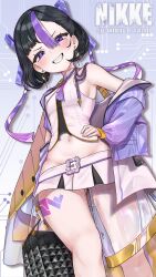  armpits ass_visible_through_thighs bag black_hair blush breasts copyright_logo earrings female from_below goddess_of_victory:_nikke gradient_background grin hair_ribbon hand_on_own_hip handbag hashtag-only_commentary highres jacket jacket_partially_removed jewelry leg_tattoo logo looking_at_viewer miniskirt molar_breaker mole mole_under_eye multicolored_hair navel necktie oerba_yun_fang petite purple_eyes purple_hair purple_jacket purple_necktie purple_ribbon purple_rope purple_streaks ribbon rope shirt short_hair short_necktie skirt small_breasts smile smug solo streaked_hair syuen_(nikke) tattoo thick_thighs thighs triangle_earrings white_shirt white_skirt 