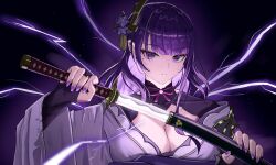  absurdres arm_up blunt_bangs breasts bridal_gauntlets cleavage commentary electricity female genshin_impact glowing glowing_sword glowing_weapon hair_ornament highres holding holding_sword holding_weapon huge_breasts japanese_clothes katana kimono long_hair long_sleeves looking_at_viewer mole mole_under_eye musou_isshin_(genshin_impact) necktie off_shoulder parted_lips purple_eyes purple_hair purple_kimono purple_necktie raiden_shogun solo sword upper_body weapon wide_sleeves yomo_(mochiyomo4646) 