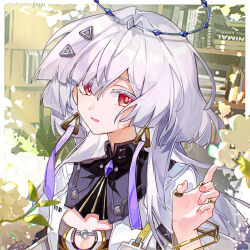  artist_name book book_stack breasts colored_eyelashes earrings female grey_hair hair_ornament halo hand_up highres indoors jacket jewelry long_hair missing_commentary mornye_(wuthering_waves) parted_lips red_eyes small_breasts solo triangle_earrings upper_body white_jacket wuthering_waves zhui_ming_jin_ge 