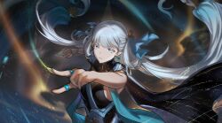  asukayou black_dress blue_bow bow breasts bright_pupils chinese_commentary colored_eyelashes commentary_request dress earrings female hair_rings hairbow highres jewelry jinhsi_(wuthering_waves) kuji-in long_hair medium_breasts multiple_hair_bows outstretched_arm parted_lips solo twintails upper_body white_eyelashes white_eyes white_hair white_pupils wuthering_waves 