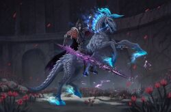  2025 ambiguous_feral ambiguous_gender armor blue_eyes clothed clothing dated duo feral flower grey_body grey_tail hi_res holding_melee_weapon holding_object holding_polearm holding_spear holding_weapon humanoid male male_humanoid melee_weapon membrane_(anatomy) membranous_wings open_mouth plant polearm purple_eyes red_flower riding santanahoffman sharp_teeth side_view spear tail teeth weapon wings 