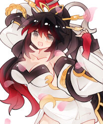  black_hair boots breasts cleavage commentary dress female grey_eyes highres holding holding_sword holding_weapon large_breasts long_hair multicolored_hair nanbu_kaguya petals pink_petals ponytail red_hair smile solo super_robot_wars super_robot_wars_og_saga_mugen_no_frontier super_robot_wars_og_saga_mugen_no_frontier_exceed sword thigh_boots two-tone_hair typhoonkrosa weapon white_dress 