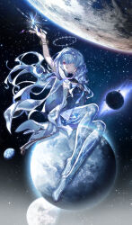  absurdres arm_up breasts chinese_commentary commentary_request dress female floating_hair grey_hair hair_ornament hair_over_one_eye halo high_heels highres hujiao_huajiao_fen id_card jacket long_hair mornye_(wuthering_waves) parted_lips planet purple_dress red_eyes see-through_body sky small_breasts solo space star_(sky) starry_sky white_jacket wuthering_waves 