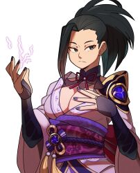  absurdres black_hair boku_no_hero_academia breasts bridal_gauntlets cleavage closed_mouth clothing_cutout commentary commission cosplay crossover electricity english_commentary female fruitloop_chan genshin_impact grey_eyes hand_on_own_chest hand_up high_ponytail highres japanese_clothes kimono large_breasts looking_to_the_side neck_ribbon off_shoulder ponytail purple_kimono purple_nails raiden_shogun raiden_shogun_(cosplay) red_ribbon red_sash ribbon sash shade shoulder_cutout solo upper_body white_background yaoyorozu_momo 