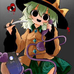  1other black_eyes black_hat cellphone commentary_request female green_hair green_skirt hat heripantomorrow holding holding_knife holding_phone incoming_call knife komeiji_koishi long_sleeves looking_at_viewer medium_hair open_mouth phone shirt skirt smartphone smile touhou wide_sleeves yellow_shirt 