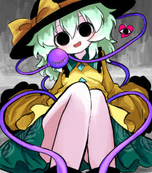  black_eyes black_hat commentary_request female green_hair green_skirt hat heart heripantomorrow knees_up komeiji_koishi looking_at_viewer open_mouth shirt sitting skirt smile solo touhou yellow_shirt 
