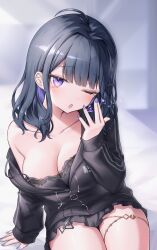  ahoge bare_shoulders black_hair black_jacket black_skirt breasts camisole cleavage collarbone colored_inner_hair female highres jacket koshimizu_toru large_breasts long_hair long_sleeves looking_at_viewer miniskirt multicolored_hair neit_ni_sei nijisanji off_shoulder one_eye_closed open_mouth purple_eyes purple_hair sitting skirt solo spaghetti_strap strap_slip tearing_up virtual_youtuber 
