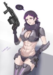  :< abs against_wall armor armsel_striker bikini bikini_armor black_bikini black_gloves black_hair black_sleeves boots breasts cleavage cleavage_cutout clenched_teeth clothing_cutout colored_tips commission detached_sleeves empty_eyes female girls'_frontline gloves grey_boots gun high_collar highres holding holding_behind_back holding_gun holding_weapon holding_weapon_behind_back large_breasts leg_armor mechanical_legs multicolored_hair name_connection navel no_headwear pauldrons pink_eyes purple_hair purple_lips sangvis_ferri seilindekos short_hair shotgun shoulder_armor single_pauldron solo spoken_squiggle squiggle stomach striker_(girls'_frontline) swimsuit teeth thigh_boots toned toned_female variant_set very_short_hair weapon 