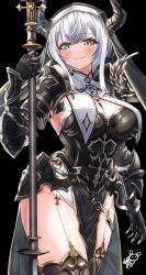  absurdres armor ayakase_hotaru black_armor black_background black_dress black_horns breasts cleavage cowboy_shot dress eyelashes female garter_straps green_eyes grey_hair highres holding holding_weapon hololive horns large_breasts shirogane_noel simple_background solo thighs veil weapon 