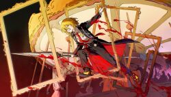  black_coat black_pants blonde_hair blood blood_on_clothes blood_on_weapon blood_splatter carousel clenched_teeth coat collared_shirt don_quixote_(project_moon) empty_picture_frame female full_body hair_between_eyes highres holding holding_polearm holding_weapon lapels limbus_company long_sleeves midair necktie notched_lapels open_clothes open_coat pants picture_frame polearm project_moon red_necktie shirt shoes short_hair sneakers solo teeth uzr_akira weapon white_shirt yellow_eyes 