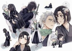  ... 1boy adjusting_scarf arms_behind_back black_hair black_kimono bleach blue_eyes blush cheek_pinching chibi chibi_inset commentary_request couple etranger140 female flying_sweatdrops full_body green_scarf grey_eyes grey_hair hair_between_eyes hair_ornament hairclip highres hinamori_momo hitsugaya_toushirou holding holding_paper hug japanese_clothes katana kimono leaning_on_person looking_at_another multiple_views paper parted_lips pinching sandals scarf shared_speech_bubble shihakusho short_hair sitting sparkle speech_bubble spiked_hair spoken_ellipsis straight sword tabi twitter_username upper_body weapon white_background 