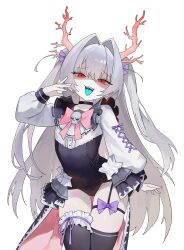  absurdres aqua_tongue black_choker black_leotard black_skirt black_thighhighs bow choker commission covered_navel cowboy_shot double-parted_bangs female frilled_skirt frilled_thigh_strap frills grey_hair hair_between_eyes hand_up highres horns leotard long_hair long_sleeves looking_at_viewer nbee_ya original pink_horns pink_ribbon purple_bow purple_ribbon red_eyes ribbon shaded_face sharp_teeth simple_background skirt skull_ornament solo standing teeth thigh_gap thigh_strap thighhighs thighs tongue tongue_out upper_teeth_only white_background 