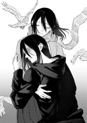  1boy absurdres bird black_jacket cardigan closed_eyes commentary_request couple cowboy_shot crying eren_yeager facial_mark female gradient_background greyscale hair_between_eyes highres hood hood_down jacket long_hair long_skirt medium_hair mikasa_ackerman monochrome scar scar_on_cheek scar_on_face scarf shingeki_no_kyojin shirt skirt straight tears white_shirt zhuse_fuxianqing 