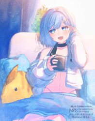  :d blue_eyes blue_hair blush collarbone commentary_request commission copyright_request cup curtains female hair_intakes hair_ornament hairclip hand_up highleg highleg_panties holding holding_cup ittokyu jacket long_sleeves looking_at_viewer mug navel off_shoulder open_clothes open_jacket panties pillow puffy_long_sleeves puffy_sleeves purple_panties short_hair signature sitting sleeves_past_wrists smile solo underwear virtual_youtuber watermark white_jacket 