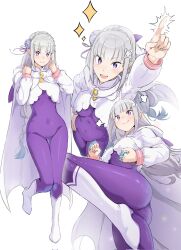  ^^^ arm_up ass blunt_bangs bodysuit boots braid brass_knuckles breasts cloak closed_mouth commentary corrupted_twitter_file crown_braid elf emilia_(re:zero) english_commentary female flower from_below full_body grey_hair hair_flower hair_ornament hair_ribbon hand_on_own_hip highres long_hair long_sleeves looking_at_viewer looking_down medium_breasts multiple_views open_mouth pointing pointy_ears puff_of_air purple_bodysuit purple_eyes purple_ribbon re:zero_kara_hajimeru_isekai_seikatsu ribbon rose shrug_(clothing) sidelocks simple_background skin_tight smile sparkle standing standing_on_one_leg thigh_gap v-shaped_eyebrows very_long_hair weapon white_background white_boots white_cloak white_flower white_rose zerobarto 
