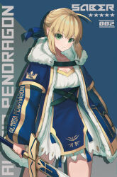  absurdres adapted_costume ahoge alternate_costume artoria_pendragon_(fate) black_dress blonde_hair blue_background blue_dress blue_jacket blue_ribbon braid breasts character_name cleavage closed_mouth collarbone commentary_request cowboy_shot dolce_(dolsuke) dress excalibur_(fate/stay_night) fate/stay_night fate_(series) female fur-trimmed_jacket fur_trim green_eyes hair_ribbon head_tilt highres holding holding_sword holding_weapon jacket layered_sleeves long_sleeves looking_at_viewer medium_breasts open_clothes open_jacket revision ribbon saber_(fate) short_hair short_over_long_sleeves short_sleeves sidelocks solo standing star_(symbol) sword two-tone_background weapon 