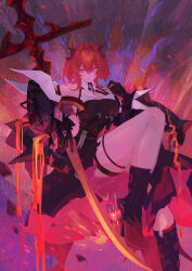  absurdres ankle_boots arknights bare_shoulders black_boots black_dress black_gloves black_jacket boots breasts cleavage closed_mouth commentary_request detached_collar dress female foot_out_of_frame gloves hair_between_eyes highres holding holding_sword holding_weapon horns jacket kira_guil large_breasts lava legs long_hair looking_at_viewer multicolored_dress multicolored_jacket open_clothes open_jacket purple_eyes red_horns solo surtr_(arknights) sword thighs two-tone_dress two-tone_jacket weapon white_dress white_jacket 