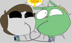  2025 air_inflation air_pump ambiguous_gender anthro barefoot black_sclera blue_clothing blue_topwear boom bottomwear brown_hair bxnusducks clothed clothing digital_media_(artwork) duo feet green_body grey_background grey_face grey_hose hair head_inflation hectorcollector hi_res hose hose_in_mouth hose_inflation humanoid inflation lagomorph leporid mammal mask noseless pants purple_bottomwear purple_clothing purple_pants rabbit red_nose shared_thought_bubble simple_background thought_bubble topwear triangle_nose 