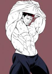  1boy abs armpits arms_up bara beard beard_stubble black_pants clothes_lift copyright_request endeavor_(boku_no_hero_academia) facial_hair greyscale highres ichijiku3105 large_pectorals male_focus mature_male monochrome muscular muscular_male navel nipples pants pectorals red_hair scar scar_across_eye shirt shirt_lift short_hair sideburns stubble sweat twitter_username very_sweaty 