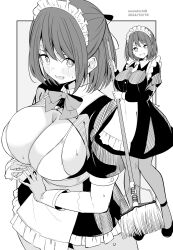  :d apron artist_name black_footwear blush bow bowtie breast_cutout breasts dated female gloves hair_behind_ear hairbow highres holding holding_mop kichihachi large_breasts long_sleeves looking_at_viewer maid_apron maid_headdress monochrome mop multiple_views necktie oerba_yun_fang original pantyhose simple_background skin_fang smile standing sweat 