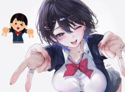  :d absurdres black_hair blue_hair blue_jacket bow bowtie bra_visible_through_clothes breasts collared_shirt commentary_request derivative_work double_v earrings female gradient_hair grey_skirt highres irasutoya jacket jewelry large_breasts light_blush looking_at_viewer meme_request multicolored_hair multiple_rings nail_polish one_eye_closed open_mouth pink_nails qiandaiyiyu red_bow red_bowtie revision ring school_uniform shirt signature skirt smile solo teeth upper_teeth_only v white_shirt 