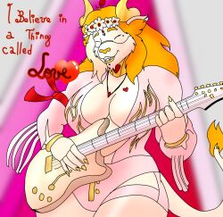  anthro breasts cleavage clothed clothing collar felid female flower flower_crown flower_garland forehead_gem fur garland gem guitar hair heart_symbol hi_res horn hybrid jewelry liger lion mammal muscular muscular_female musical_instrument orange_hair pantherine plant playing_music plucked_string_instrument smile solo string_instrument teeth text thick_thighs tiger whitestellar whitestellar_(character) 