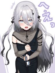  aqua_eyes black_nails blush braid breasts detached_sleeves female grey_hair hair_between_eyes highres looking_at_viewer medium_breasts mole mole_under_eye mole_under_mouth name_tag nijisanji open_mouth remiria100 single_detached_sleeve solo sophia_valentine sweat virtual_youtuber wavy_mouth 