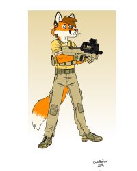  anthro band-aid bandage bandaged_arm bartek22 blood blood_stain blue_eyes bodily_fluids boots brown_hair canid canine chris_the_fox_(bartek22) clothing combat_boots combat_gear ears_up footwear fox fox_tail fur gun hair hi_res holding_gun holding_object holding_ranged_weapon holding_weapon looking_at_viewer male mammal military military_pants orange_body orange_fur ranged_weapon shirt shoes soldier solo tail topwear vest warrior weapon white_body white_fur 