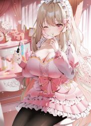  :o absurdres arme_(cgsy7484) blonde_hair blush breasts cleavage closed_eyes commission dress female finger_to_mouth flower hair_ornament hairband highres holding indoors large_breasts lolita_hairband long_sleeves looking_at_viewer mole mole_under_eye nail_polish open_mouth original pantyhose pink_dress pink_eyes pink_ribbon ribbon sitting solo symbol-shaped_pupils 