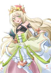  :d bare_shoulders blonde_hair book butterfly_hair_ornament celine_(fire_emblem) commentary crown dress female fire_emblem fire_emblem_engage flat_chest flower green_dress green_eyes hair_flower hair_ornament highres holding holding_book kogeko0517 leg_up long_hair looking_at_viewer open_book open_mouth smile solo very_long_hair white_background 