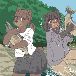  anthro bear brown_bear clothed clothing ekaki510 female fish fishing grizzly_bear group kemono mammal marine salmon salmonid_(fish) sun_bear ursine wet wet_clothing 