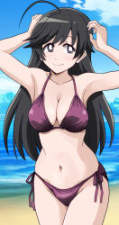  ahoge arms_up beach bikini black_eyes black_hair blue_sky breasts bright_pupils cleavage closed_mouth cloud cloudy_sky commentary day female girls_und_panzer halterneck highres isuzu_hana long_hair looking_at_viewer medium_breasts ocean outdoors ponzu_rui purple_bikini side-tie_bikini_bottom sky smile solo standing string_bikini swimsuit white_pupils 