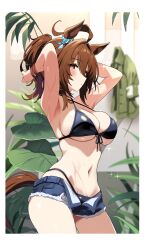  absurdres agnes_tachyon_(lunatic_lab)_(umamusume) agnes_tachyon_(umamusume) ahoge animal_ears bikini black_bikini breasts brown_hair cleavage criss-cross_halter female hair_between_eyes halterneck highres horse_ears horse_girl horse_tail looking_at_viewer medium_hair navel official_alternate_costume red_eyes shorts solo swimsuit sylph_kim tail umamusume 