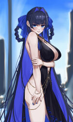  absurdres alternate_costume bare_shoulders bb_dubai_(fate) bb_dubai_(fate)_(cosplay) black_dress black_hair blue_eyes blue_hair blurry blurry_background breasts cocktail_dress commentary cosplay cowboy_shot creator_connection dress eipanguino fate/grand_order fate_(series) female hair_intakes highres hololive hololive_english huge_breasts long_hair multicolored_hair navel ouro_kronii solo two-tone_hair very_long_hair virtual_youtuber 