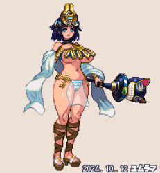  ancient_princess_menace blue_eyes blue_nails breasts curvy dated female full_body holding large_breasts looking_at_viewer menace_(queen&#039;s_blade) nail_polish navel open_mouth panties pixel_art platform_footwear purple_hair queen&#039;s_blade revealing_clothes sandals short_hair simple_background solo standing striped_clothes striped_panties underboob underwear yumura_kino 