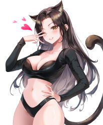  ;d absurdres animal_ear_fluff animal_ears black_bra black_panties black_shirt blush bra breasts brown_eyes brown_hair cat_ears cat_girl cat_tail cleavage commentary cropped_shirt english_commentary extra_ears female grin hand_on_own_hip hand_up heart highleg highleg_panties highres large_breasts long_hair long_sleeves looking_at_viewer minj_kim navel no_pants one_eye_closed original panties parted_bangs shirt simple_background smile solo stomach tail underwear w white_background 