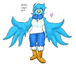  2024 anthro avian beak bird blue_body blue_bottomwear blue_clothing blue_feathers blue_hair blue_pants boots bottomwear claire_deloon closed_eyes clothed clothing dialogue digital_drawing_(artwork) digital_media_(artwork) english_text exclamation_point extended_arms eyelashes feathers female footwear hair heart_symbol hi_res inviting inviting_to_hug martlet_(undertale_yellow) open_mouth open_smile pants shoes simple_background smile snow_boots solo text topwear undertale_yellow white_background white_clothing white_topwear 